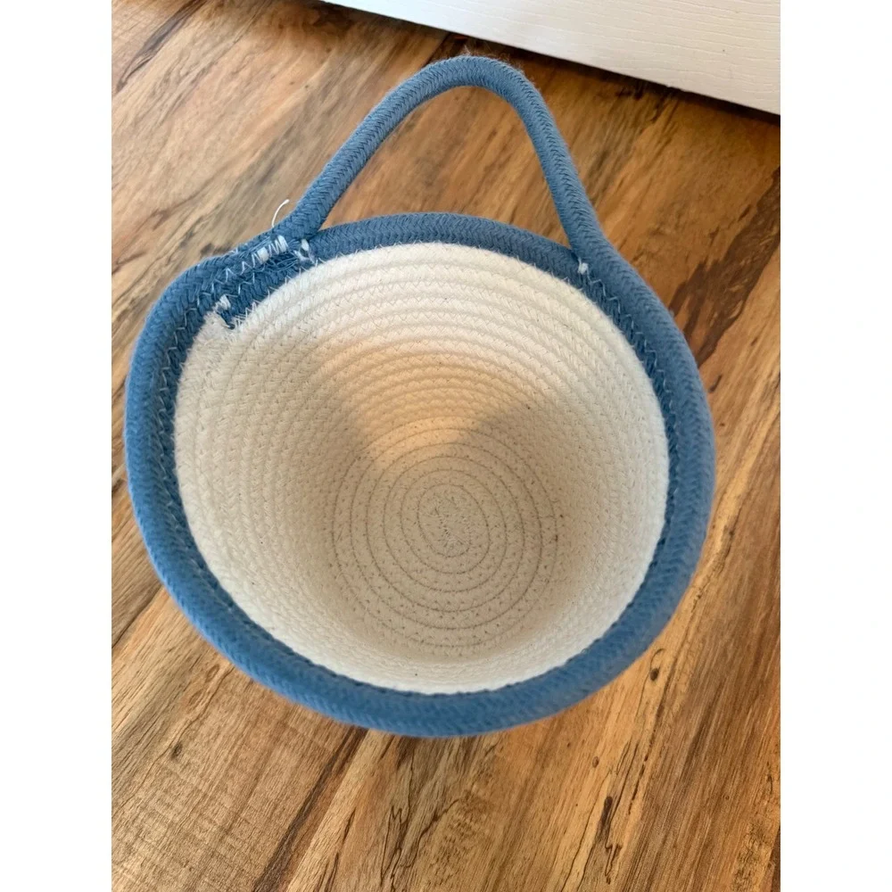 Handmade Cotton Rope Hanging Basket Cream Blue Coiled Woven Storage Decor 6in
